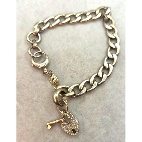 FOSSIL GOLD TONE S/STEEL HEART CRYSTAL PAVE+KEY CHARMS BRACELET - Picture 1 of 3